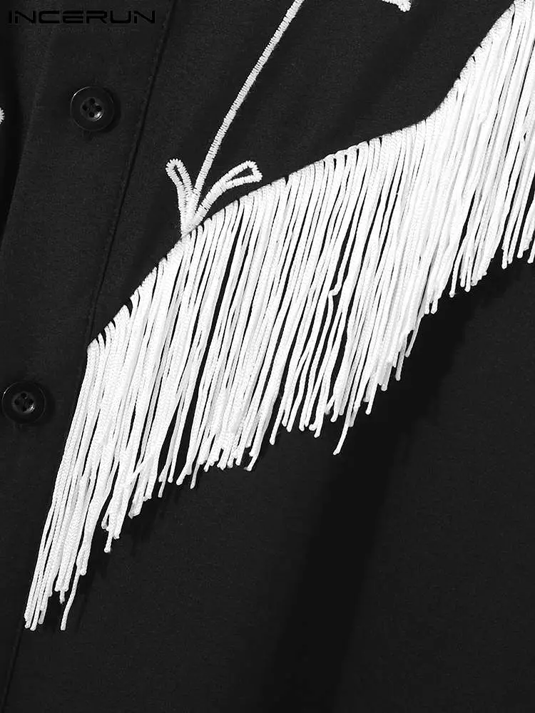 2023 Men Shirt Embroidered Tassel Patchwork Lapel Long Sleeve Fashion Camisa Streetwear Button Casual Men Clothing S-5XL