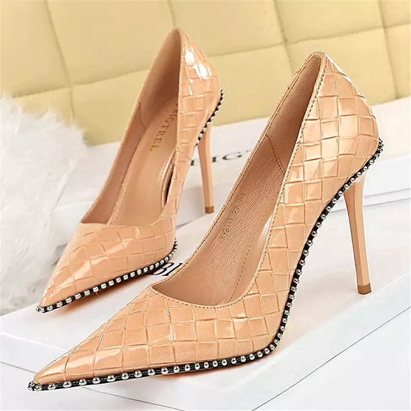 2023 Women Heels 8cm 10.5cm High Heels Rivets Studded Wedding Bridal Pumps Lady Nude Green Middle Low Heels Scarpins Party Shoes