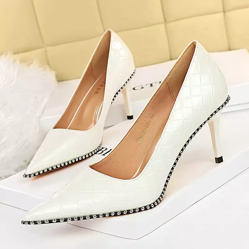 2023 Women Heels 8cm 10.5cm High Heels Rivets Studded Wedding Bridal Pumps Lady Nude Green Middle Low Heels Scarpins Party Shoes