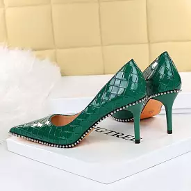 2023 Women Heels 8cm 10.5cm High Heels Rivets Studded Wedding Bridal Pumps Lady Nude Green Middle Low Heels Scarpins Party Shoes