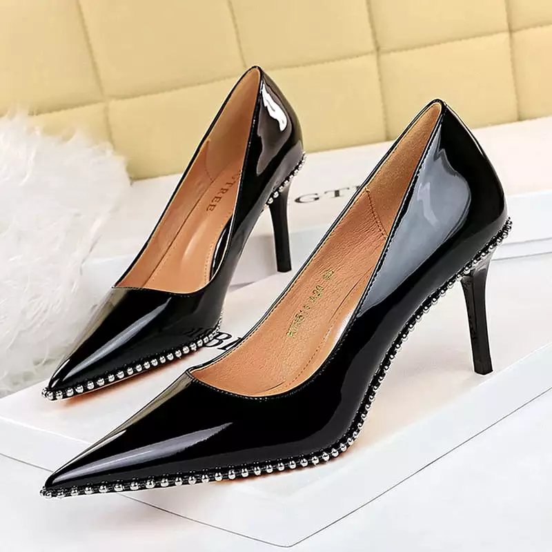 2023 Women Heels 8cm 10.5cm High Heels Rivets Studded Wedding Bridal Pumps Lady Nude Green Middle Low Heels Scarpins Party Shoes