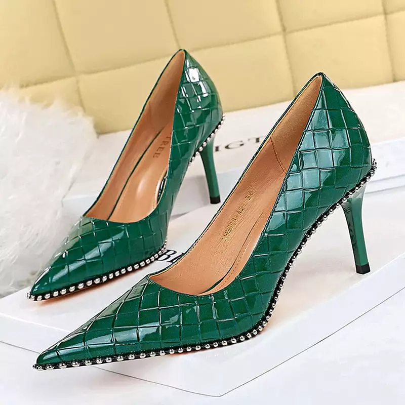 2023 Women Heels 8cm 10.5cm High Heels Rivets Studded Wedding Bridal Pumps Lady Nude Green Middle Low Heels Scarpins Party Shoes