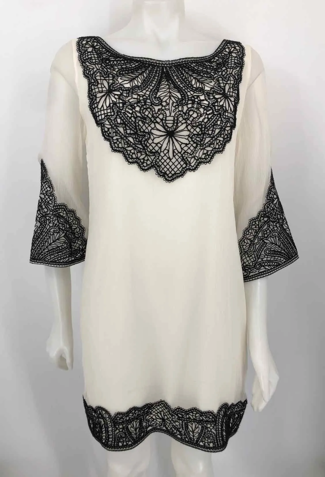 ALICE & OLIVIA Cream Black Silk Embroidered Trim Size MEDIUM (M) Dress