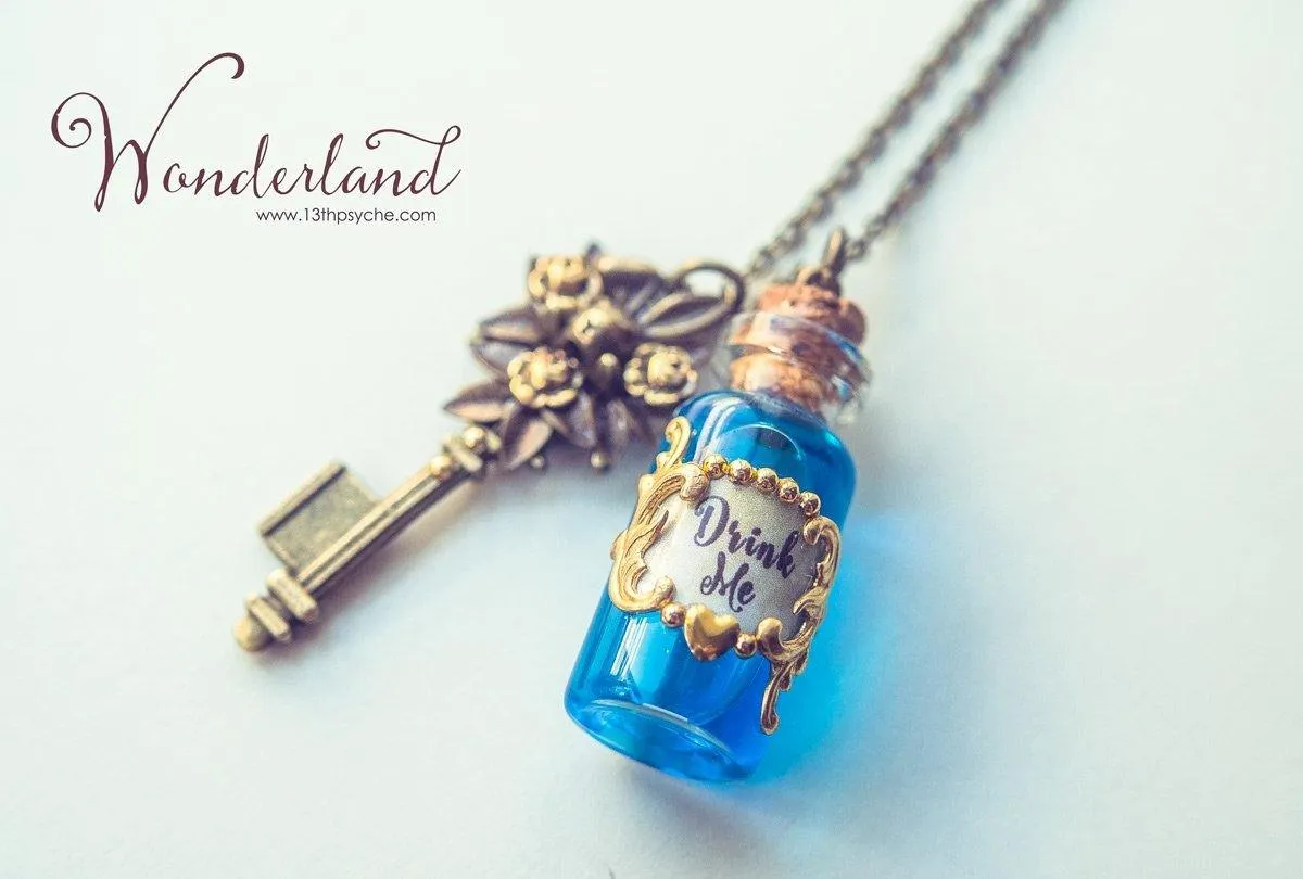 Alice in Wonderland Drink me potion bottle necklace