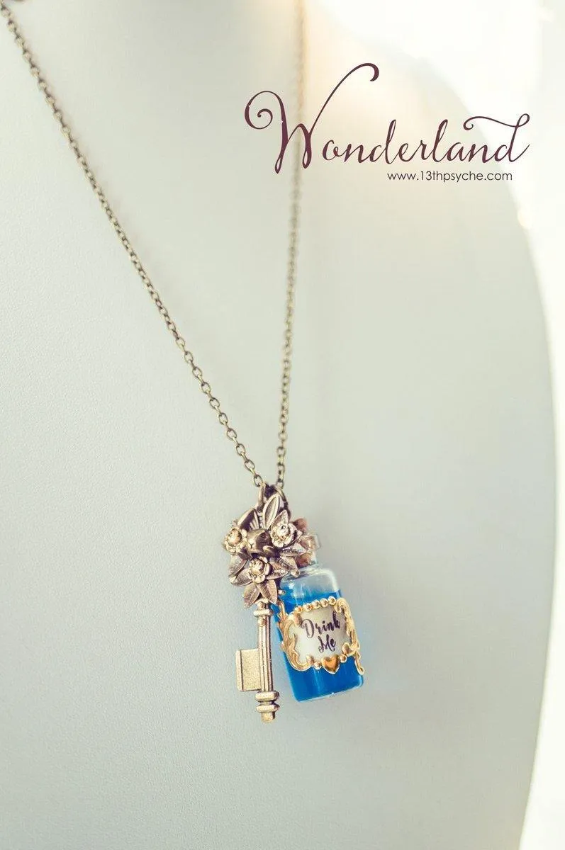 Alice in Wonderland Drink me potion bottle necklace