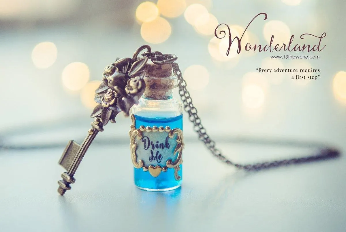 Alice in Wonderland Drink me potion bottle necklace