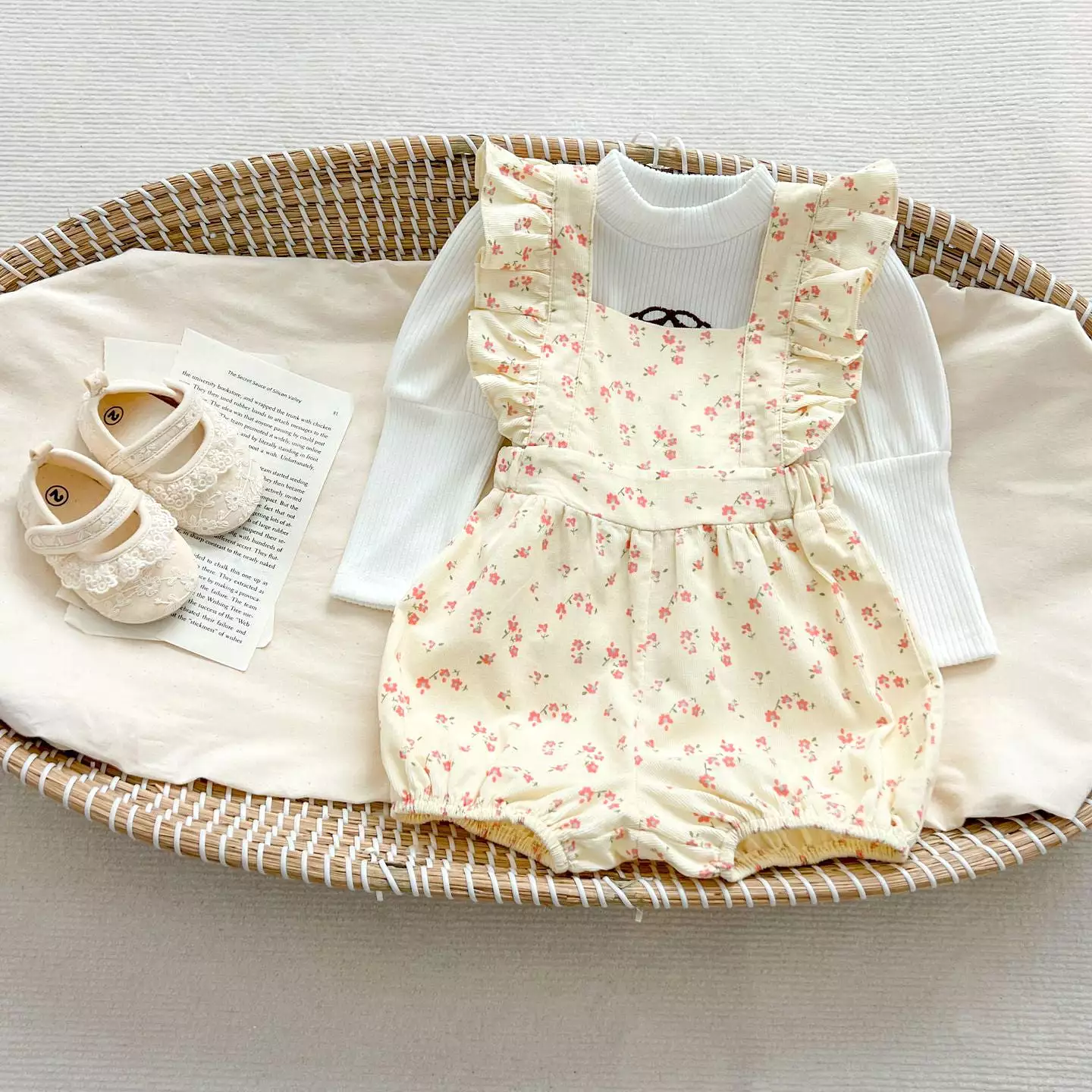 Baby Kid Girls Solid Color Flower Print Tops And Rompers Wholesale 240301123