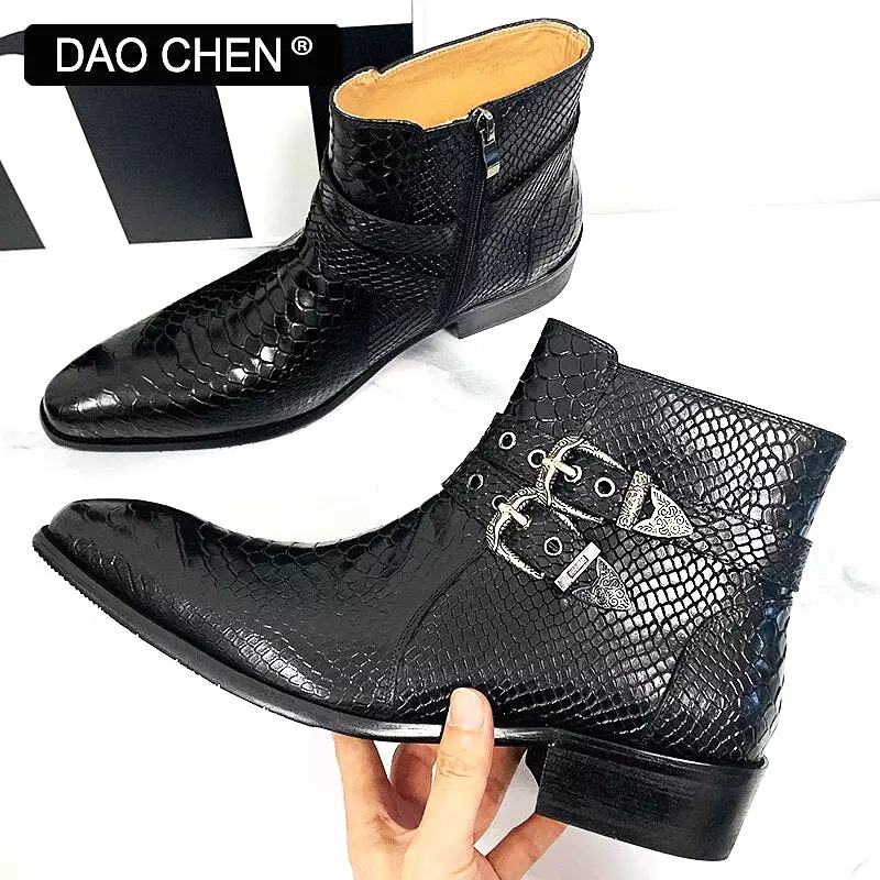 BLACK WINTER ANKLE BOOTS MEN SHOES LUXURY SNAKE BOOTS