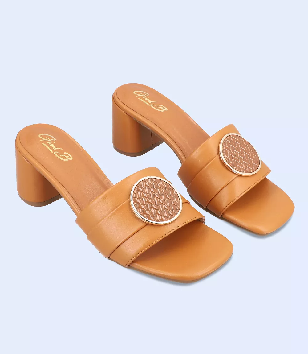 BW7329-TAN-Women Casual Slipper Heels