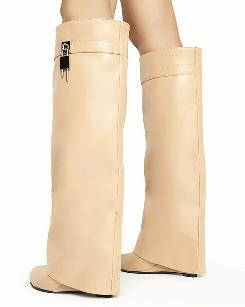 Decorative Lock Knee High Fold Over Boots