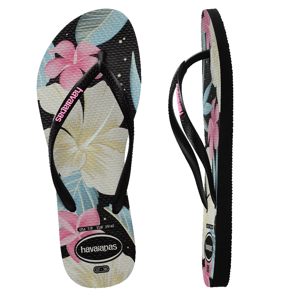 Havaianas Slim Floral Thongs - Black/Pink