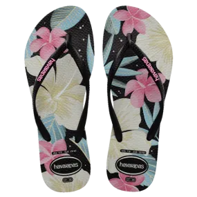 Havaianas Slim Floral Thongs - Black/Pink