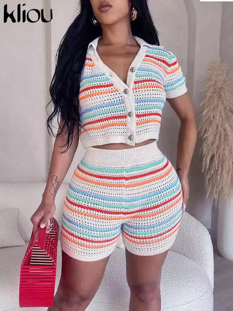 Horizontal Stripe Knitted Two Pieces Set Women Casual Turndown Collar Botton T-shirt + High Waist Short Lady Skinny Suit