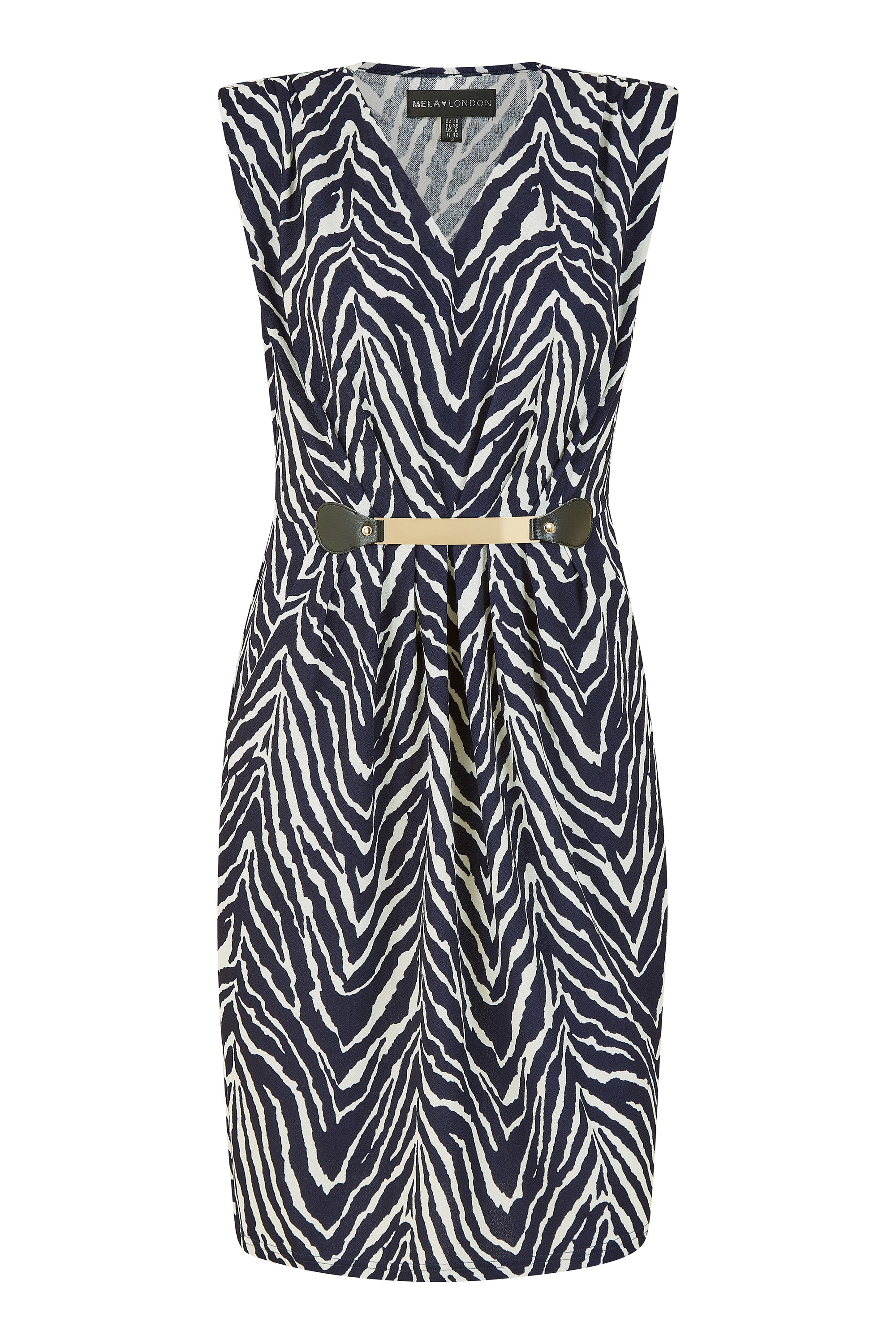 Mela London Navy Zig Zag Jersey Pocket Dress With Gold Bar