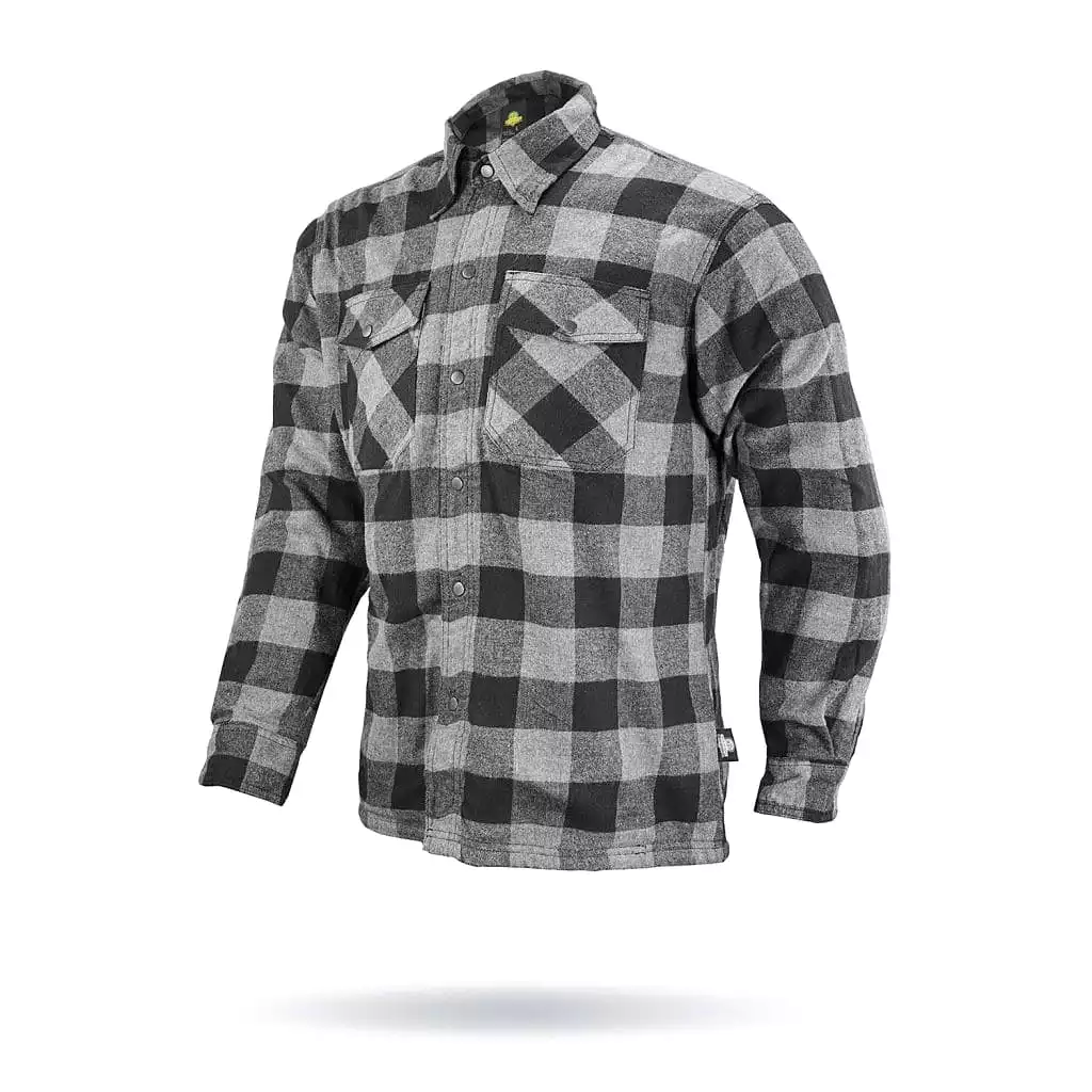 MOTORCYCLE RIDING FLANNEL SHIRT REINFORCED WITH KEVLAR-  BLACK/ GREY