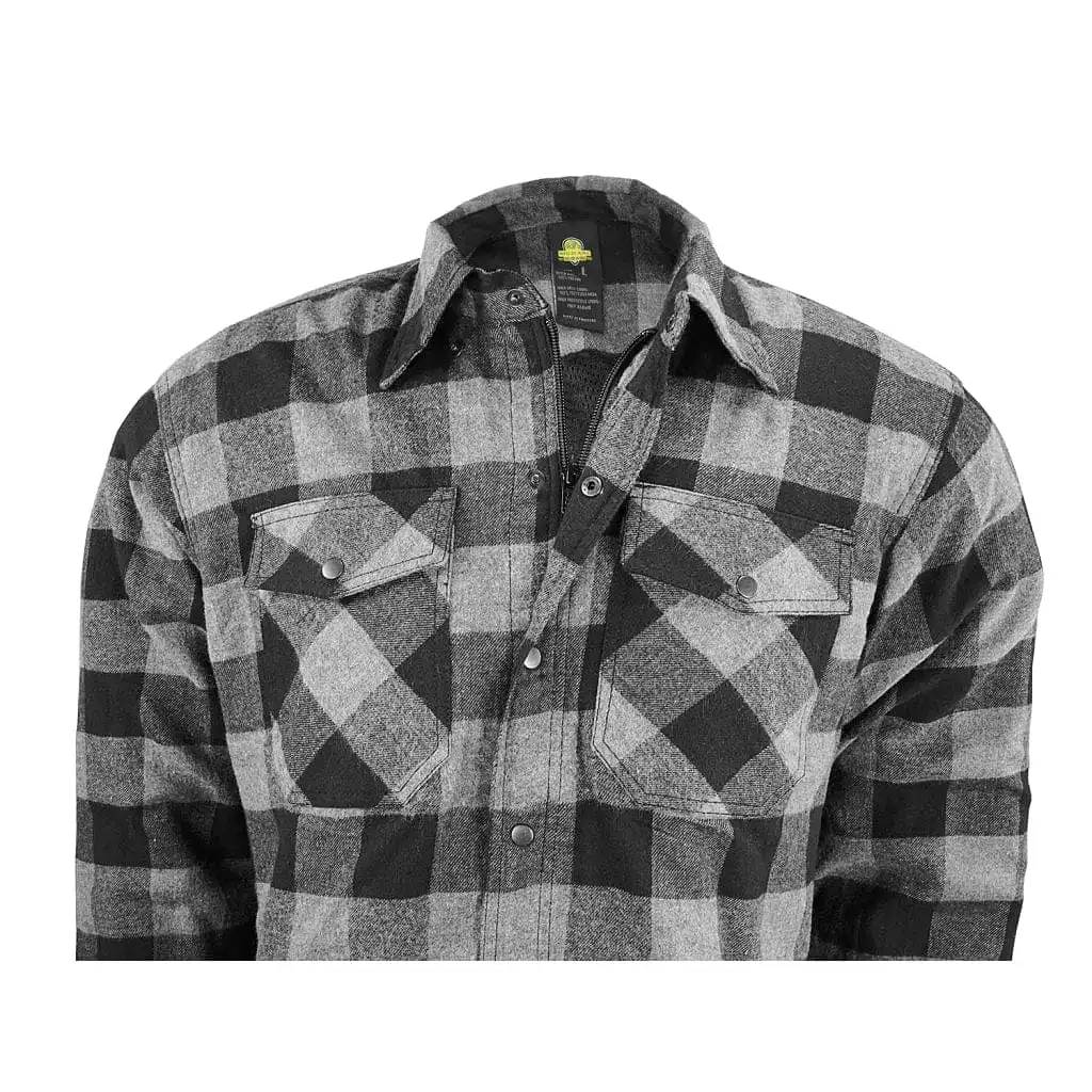 MOTORCYCLE RIDING FLANNEL SHIRT REINFORCED WITH KEVLAR-  BLACK/ GREY