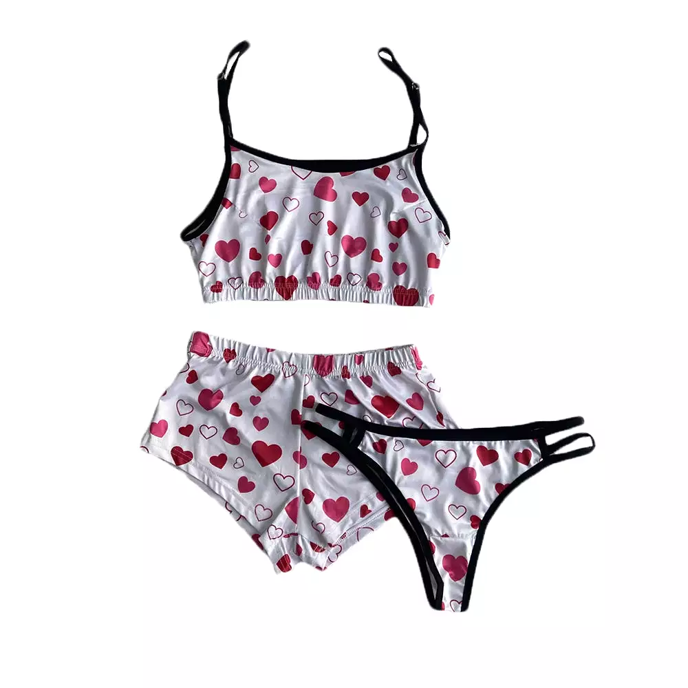 Sexy Printed Pajamas  3 Pieces Set Sleepwear High Waist Crop Top Shorts Panties and Bra Set