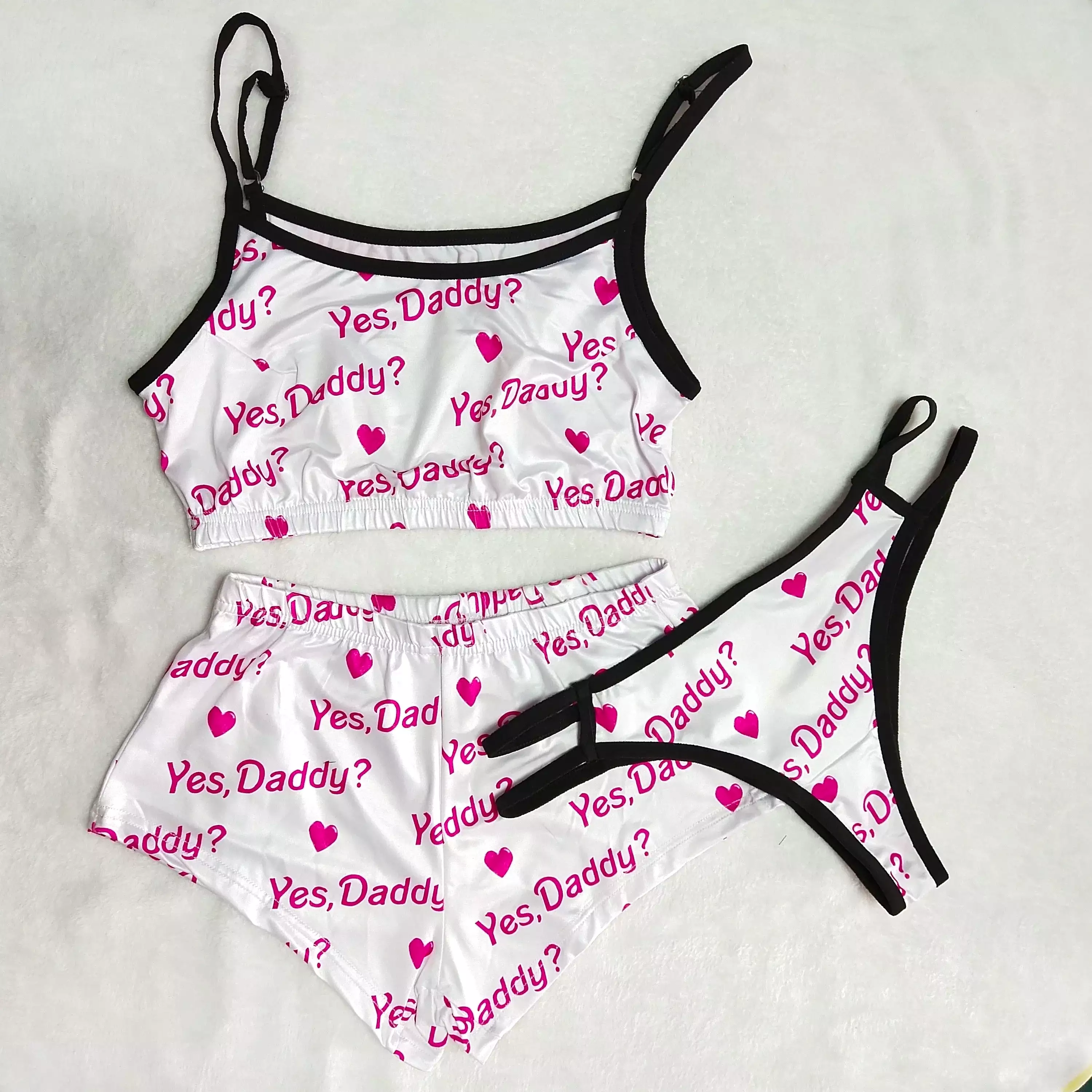 Sexy Printed Pajamas  3 Pieces Set Sleepwear High Waist Crop Top Shorts Panties and Bra Set