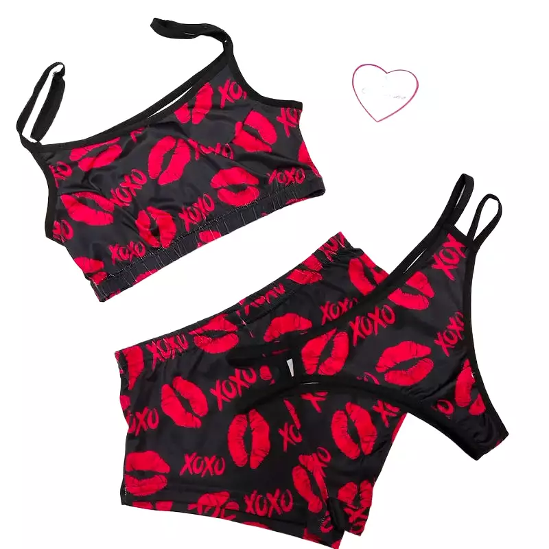 Sexy Printed Pajamas  3 Pieces Set Sleepwear High Waist Crop Top Shorts Panties and Bra Set