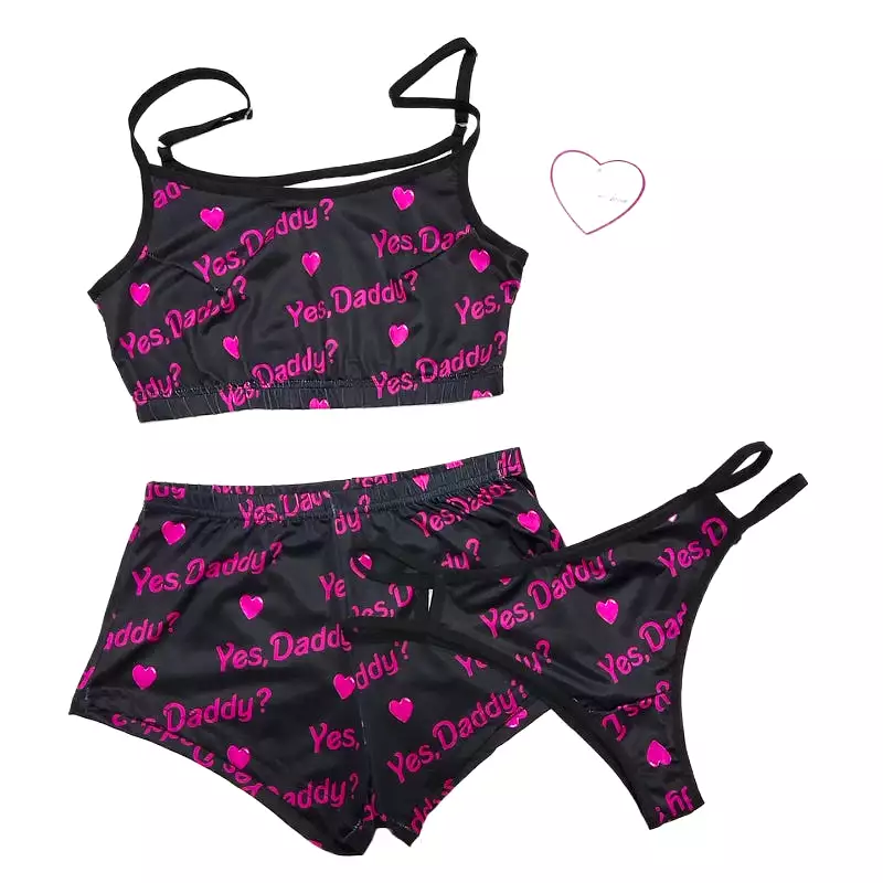 Sexy Printed Pajamas  3 Pieces Set Sleepwear High Waist Crop Top Shorts Panties and Bra Set