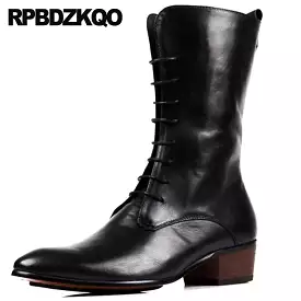 Shoes Motorcycle Fall Black Riding Lace Up Mid Calf British Style Pointed Toe Zipper Metalic Mens Leather Tall Boots Men Chunky