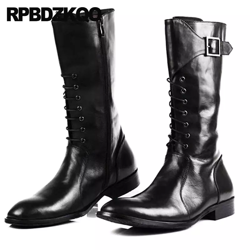 Shoes Motorcycle Fall Black Riding Lace Up Mid Calf British Style Pointed Toe Zipper Metalic Mens Leather Tall Boots Men Chunky