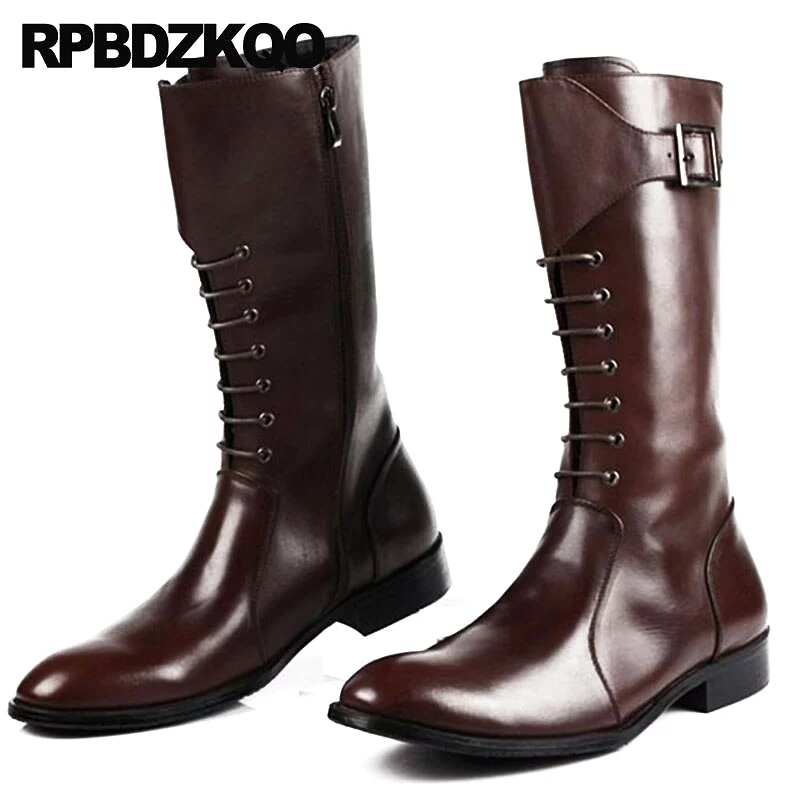 Shoes Motorcycle Fall Black Riding Lace Up Mid Calf British Style Pointed Toe Zipper Metalic Mens Leather Tall Boots Men Chunky