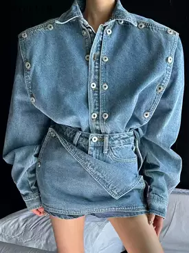 Spring Denim Ladies 2 Pieces Set Long Sleeve Double Breasted Jean Jackets & Mini Shorts Skirt Vintage Women Denim Set