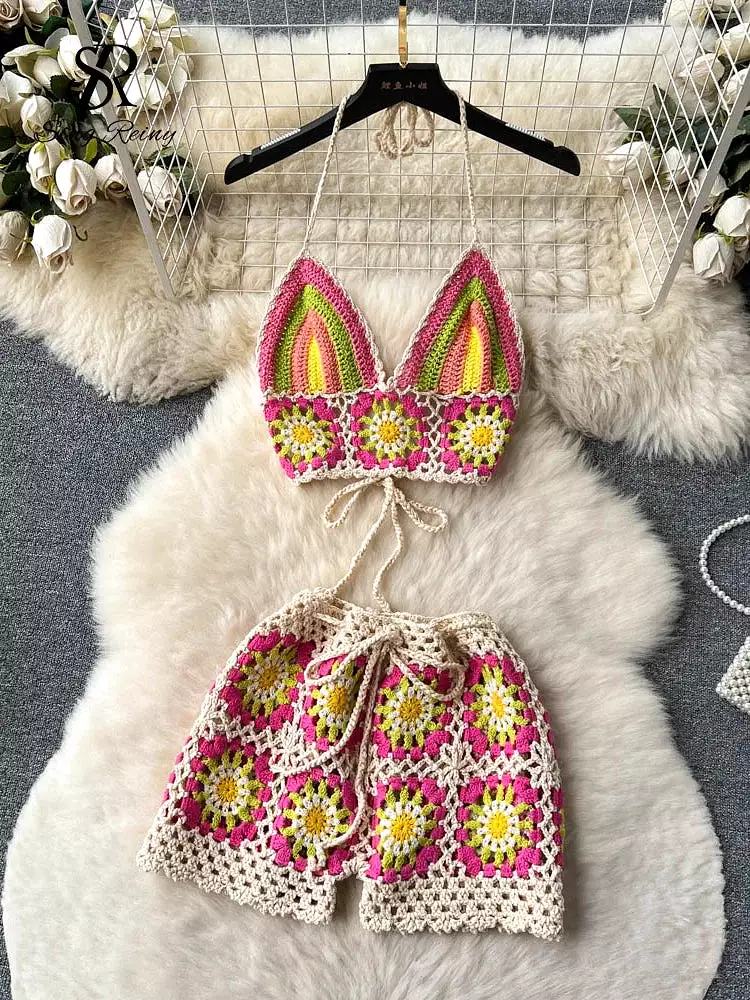 Summer Hollow Out Beach Suits Women Strap Halter Sexy Top+Mini Shorts Fashion Floral Knitted Bohemian Two Pieces Sets