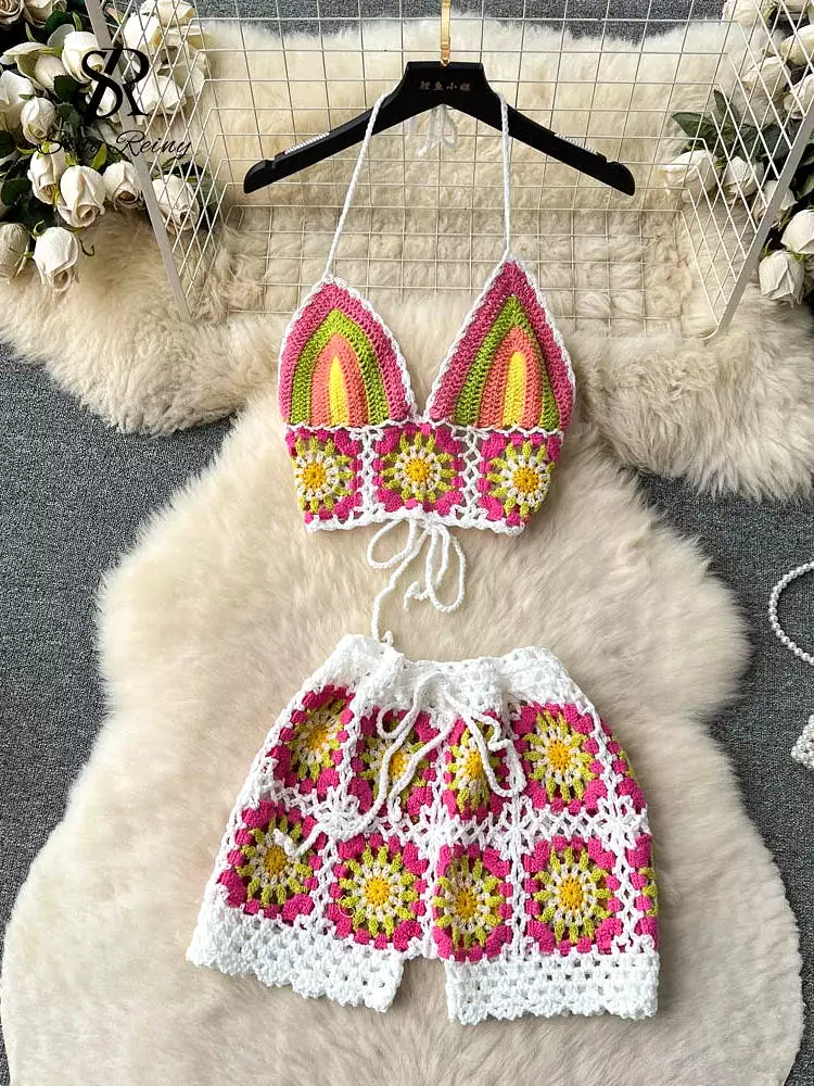 Summer Hollow Out Beach Suits Women Strap Halter Sexy Top+Mini Shorts Fashion Floral Knitted Bohemian Two Pieces Sets