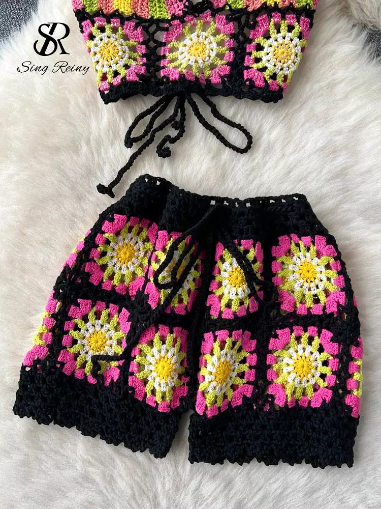 Summer Hollow Out Beach Suits Women Strap Halter Sexy Top+Mini Shorts Fashion Floral Knitted Bohemian Two Pieces Sets