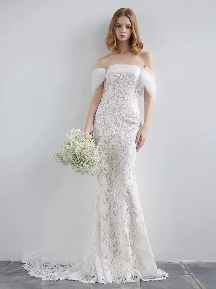 The Canary Wedding Bridal Off Shoulder Lace Tulle Gown