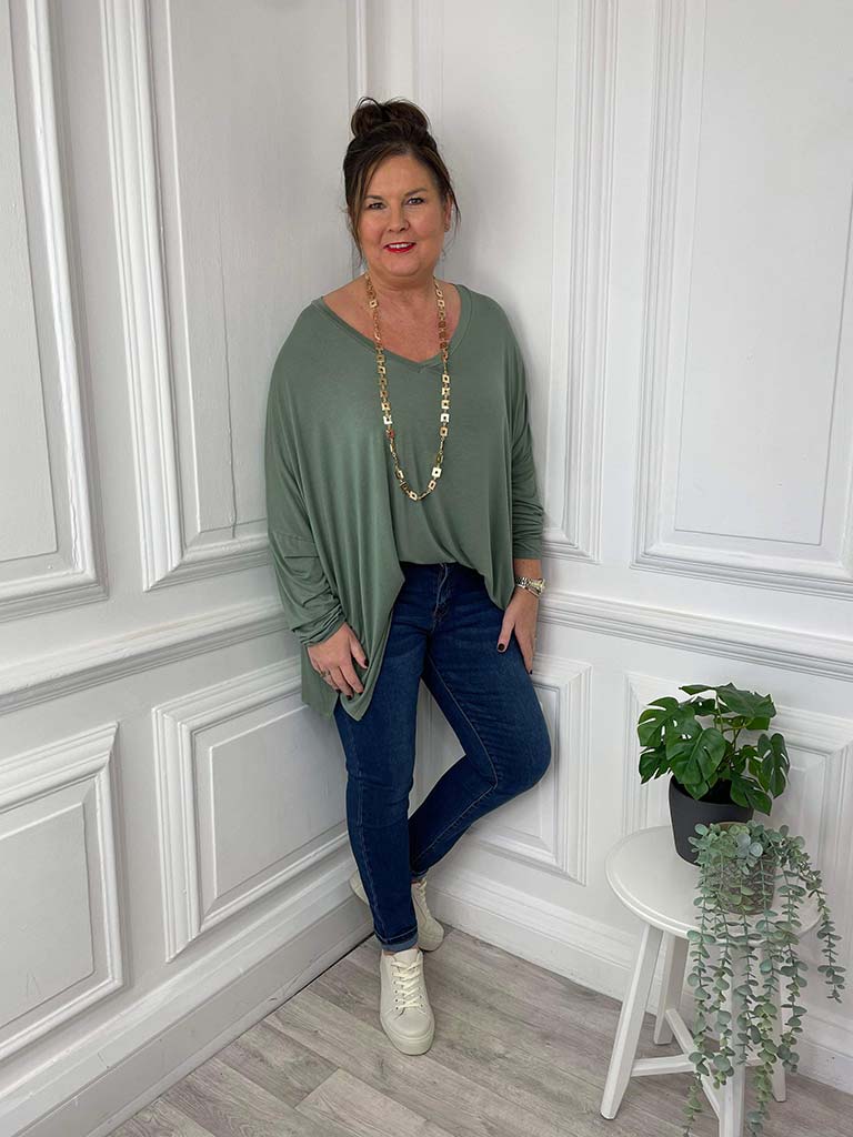 V-Neck Dawny Jersey Top - Khaki