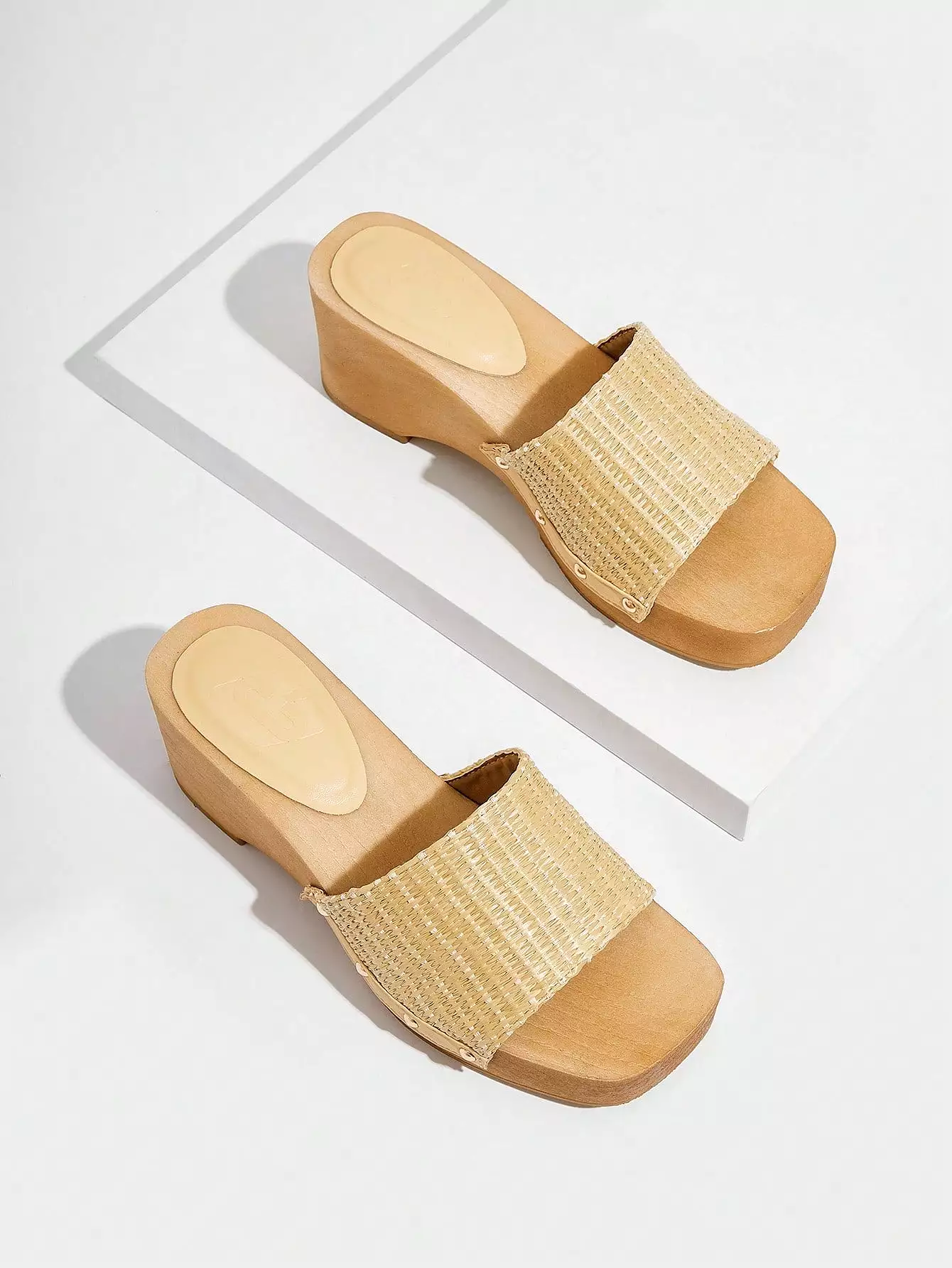 Vacation Wedge Slide Sandals For Women, Studded Decor Braided Detail Straw Sandals