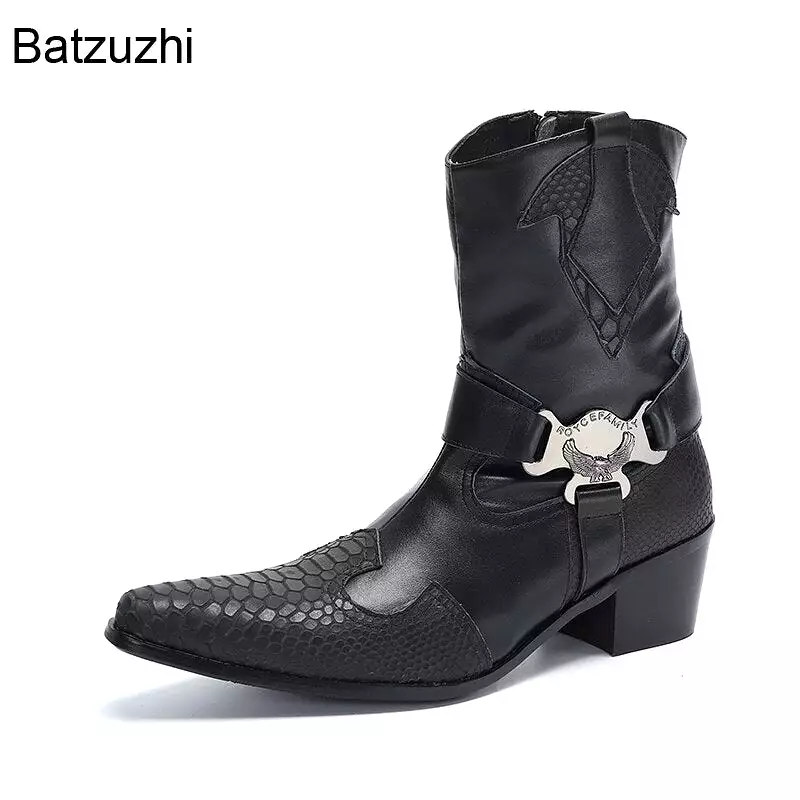 Western Cowboy Handmade Black Leather Boots Men Mid-calf Zip Leather Men's Boots 6.5cm Heels Pointed Toe