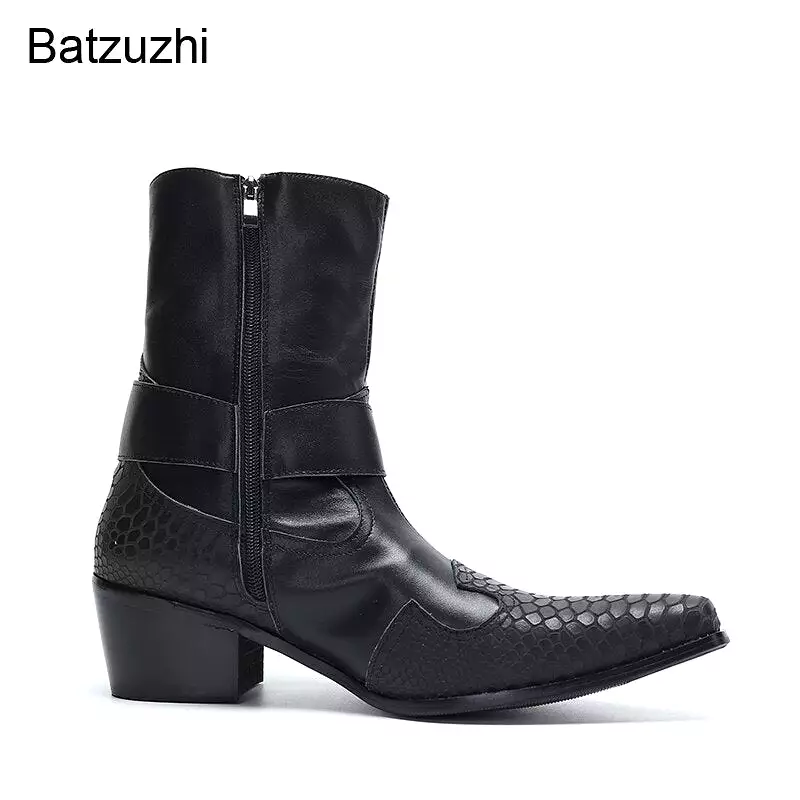 Western Cowboy Handmade Black Leather Boots Men Mid-calf Zip Leather Men's Boots 6.5cm Heels Pointed Toe