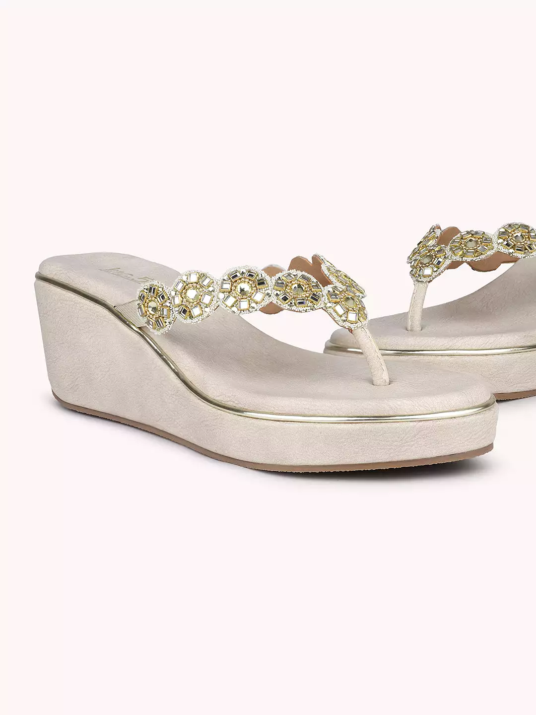 Women Gold-Toned Embellished Open Toe Wedge Heels