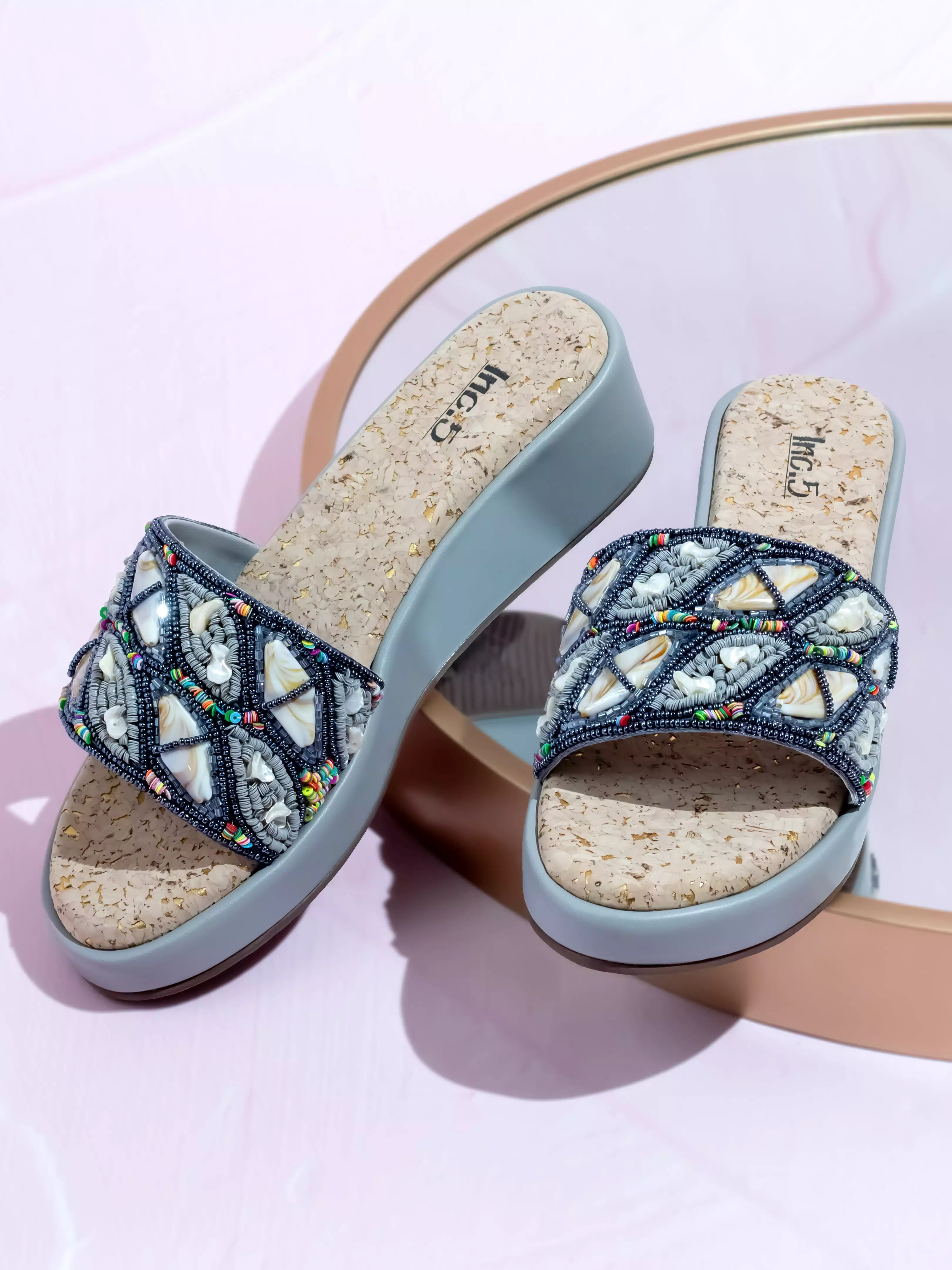 Women Grey Embroidered Open Toe Wedge Heels