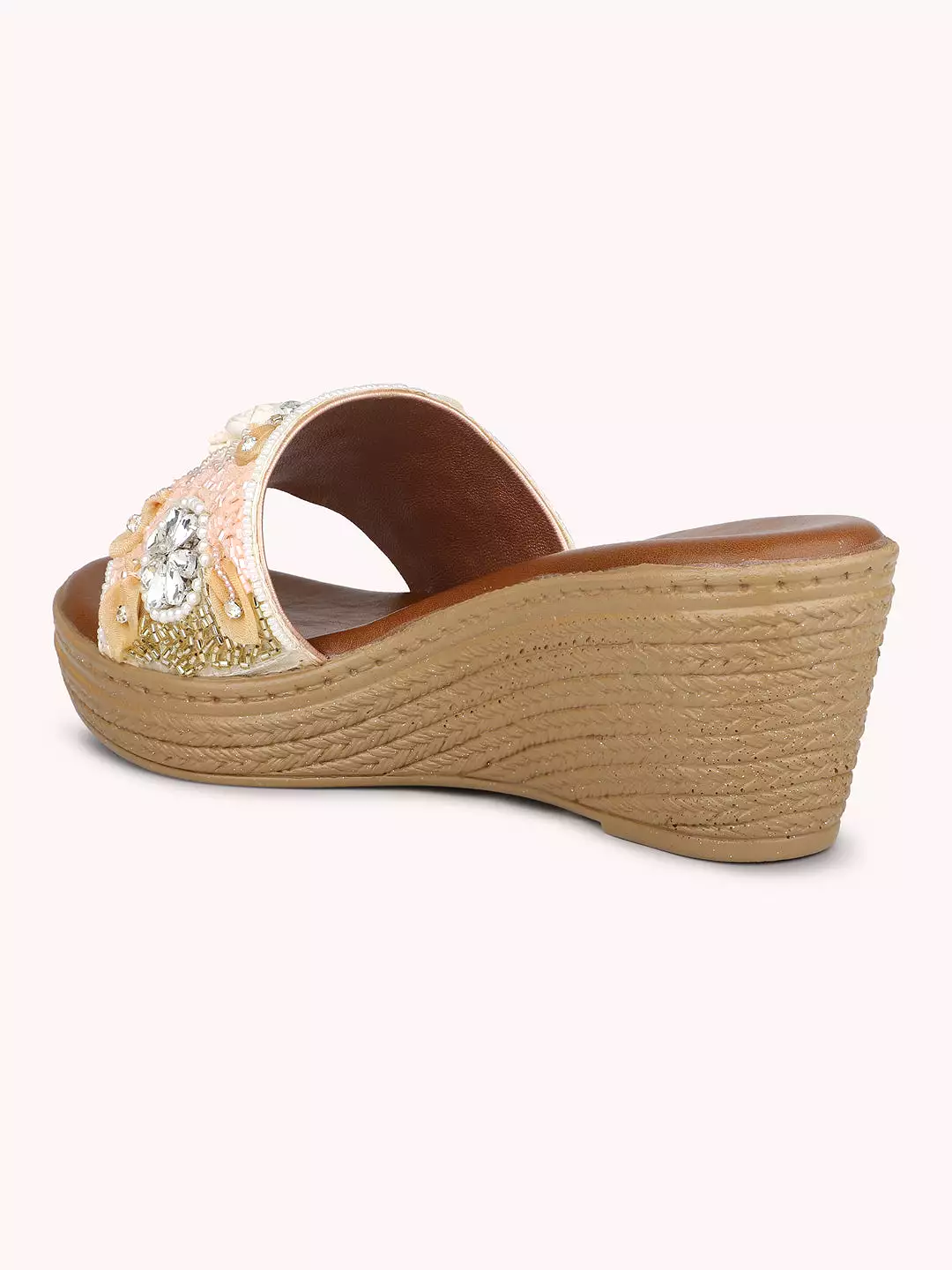 Women Rose Gold Embroidered Open Toe Wedge Heels