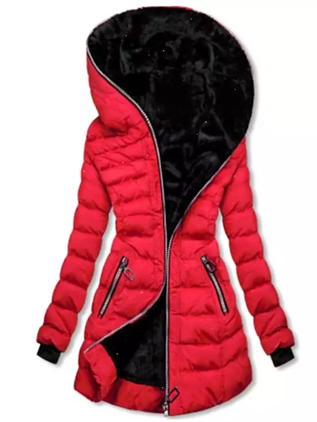 Women's Long Puffer Jacket with Full Zip and Hood in Multiple Colors