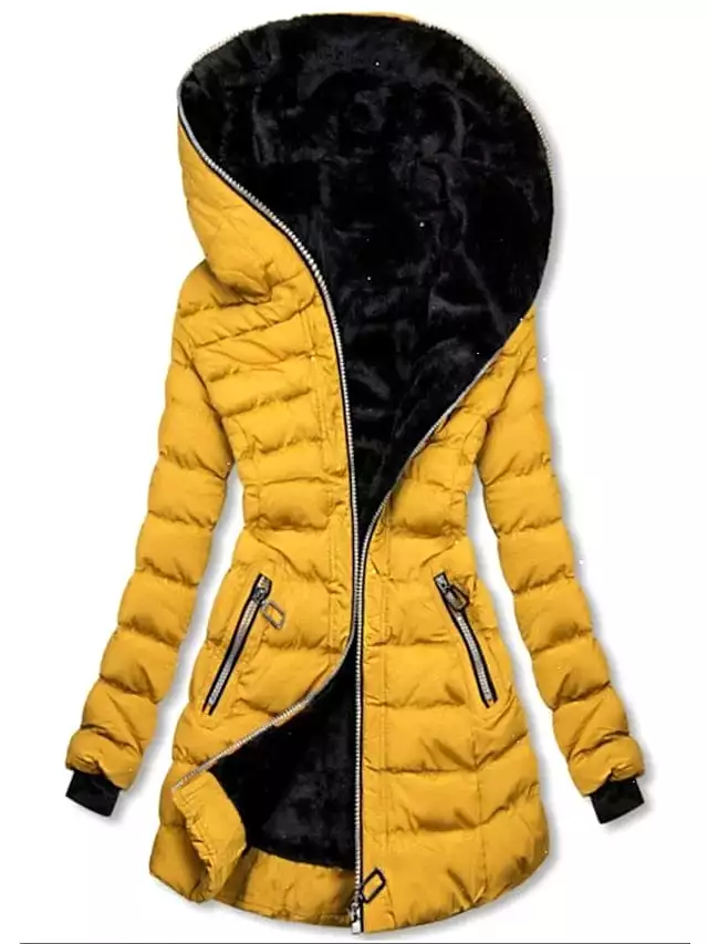 Women's Long Puffer Jacket with Full Zip and Hood in Multiple Colors