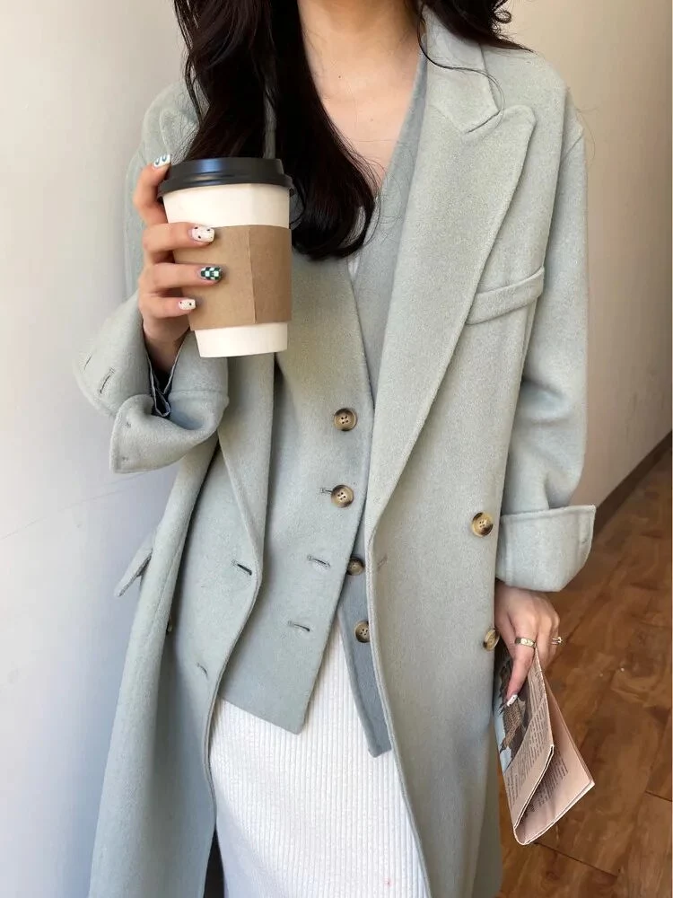 Womens Luxury Woolen Coat Double-sided Cashmere Coats Two Pieces Matching Sets